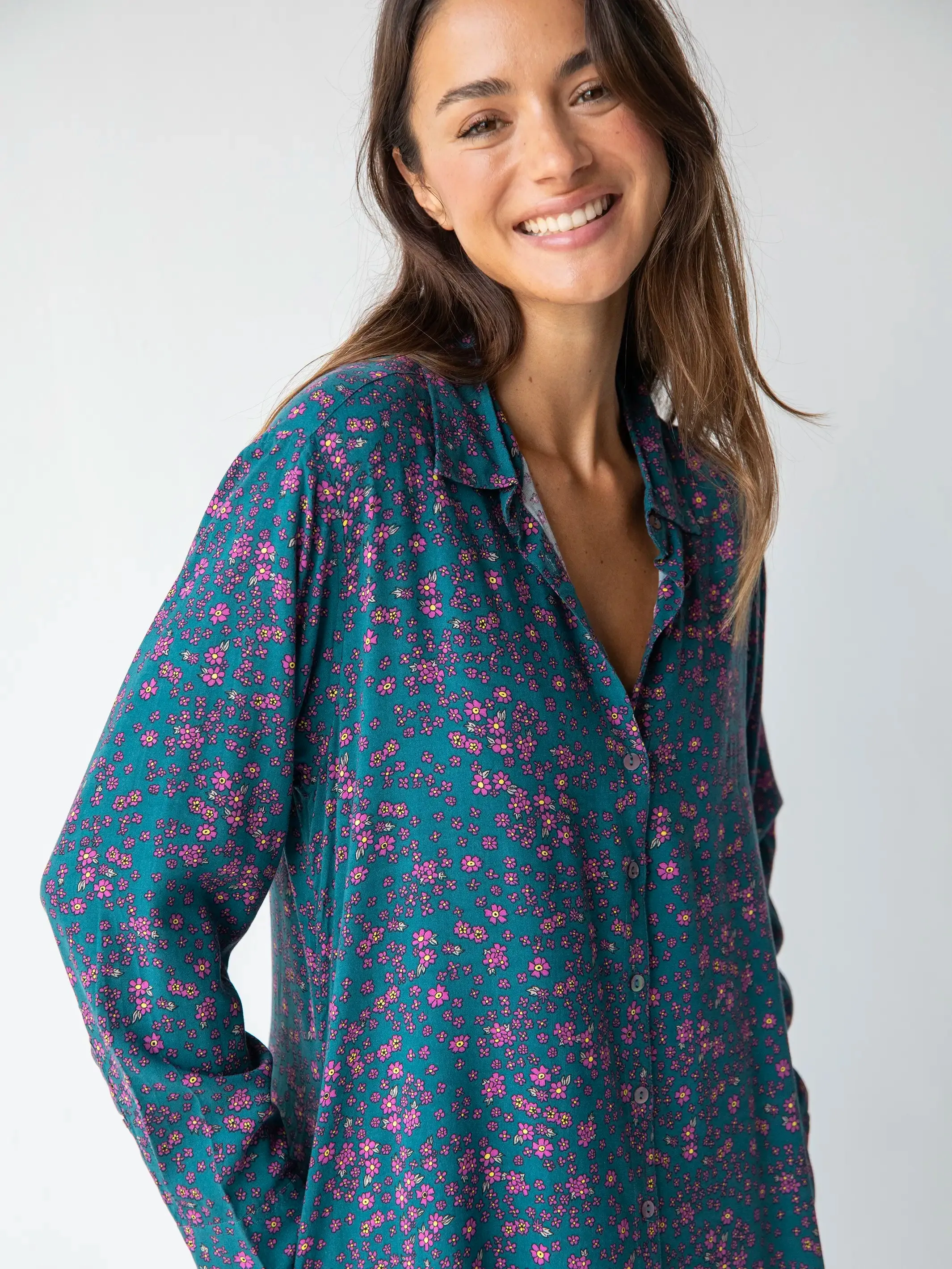 Georgia Shirt Dress - Dark Teal Purple Floral