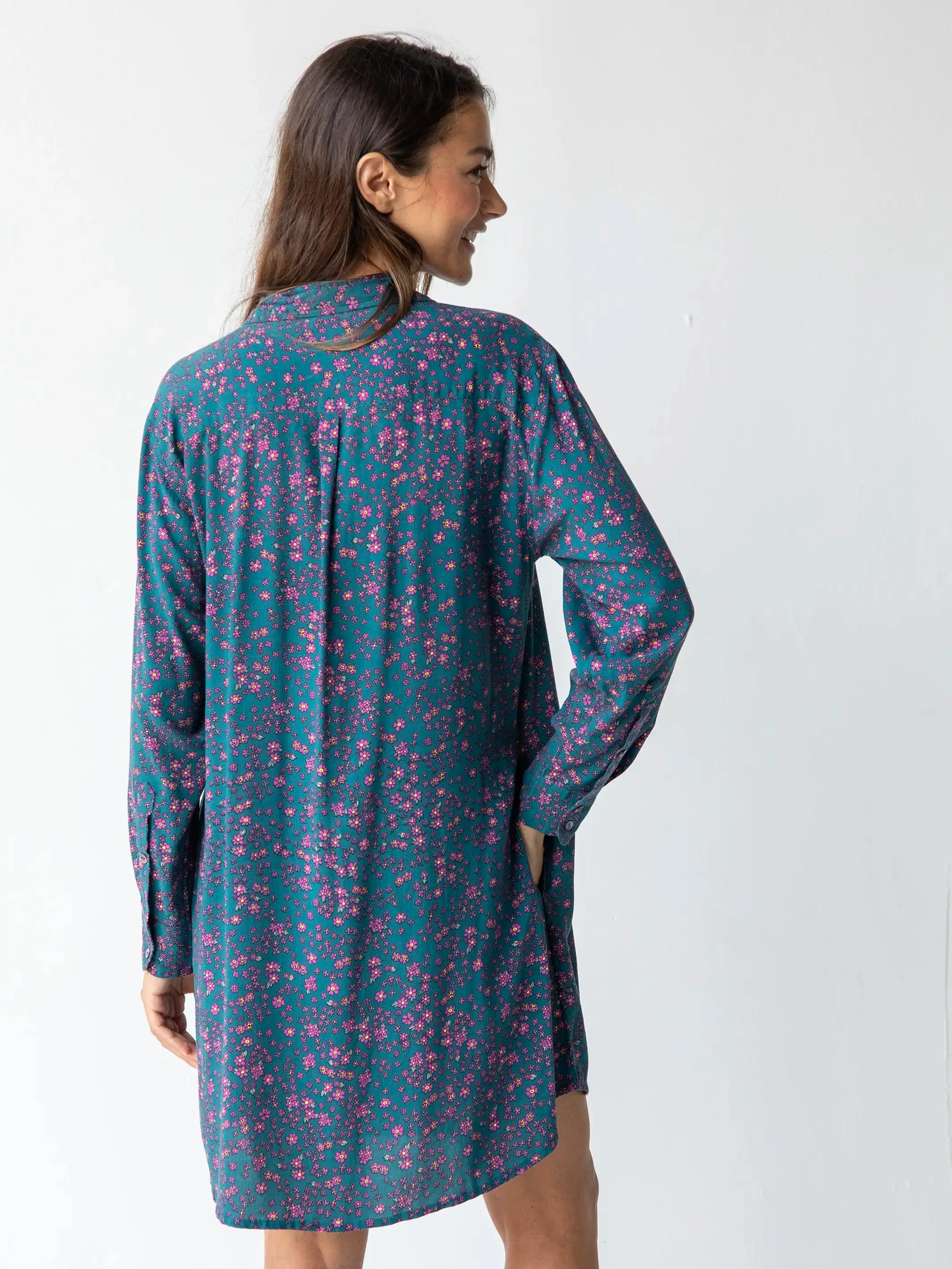Georgia Shirt Dress - Dark Teal Purple Floral
