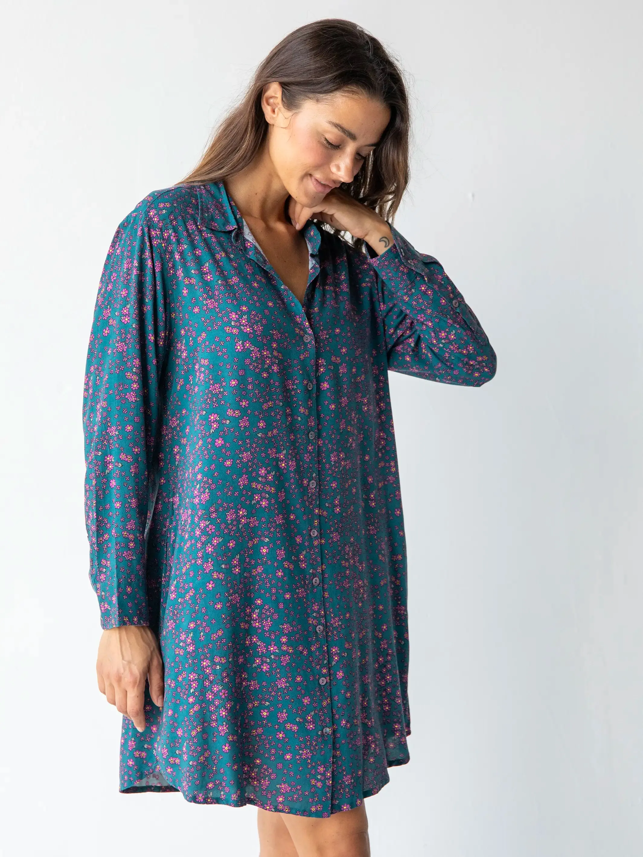 Georgia Shirt Dress - Dark Teal Purple Floral