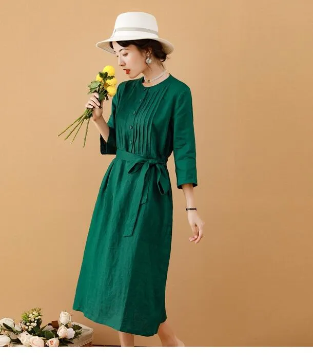 Green Women Dresses Ramie Casual Spring Linen Women Dresses MN97215