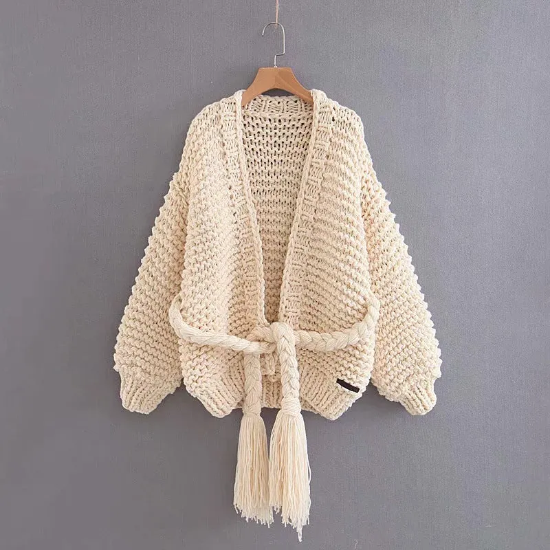 Hand Wave Knit Tassles Loose Long Lantern Sleeves Cardigan