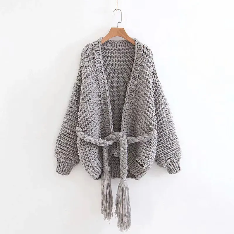Hand Wave Knit Tassles Loose Long Lantern Sleeves Cardigan