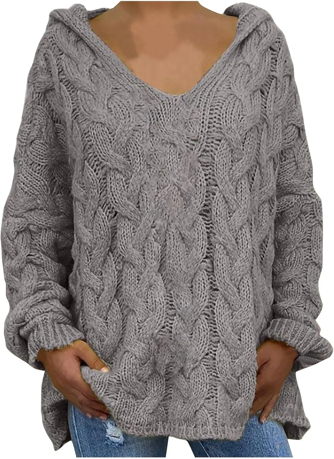 HGps8w Women's Oversized V Neck Hoodie Sweater Tops Chunky Cable Knit Long Sleeve Loose Solid Color Pullovers