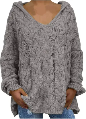 HGps8w Women's Oversized V Neck Hoodie Sweater Tops Chunky Cable Knit Long Sleeve Loose Solid Color Pullovers