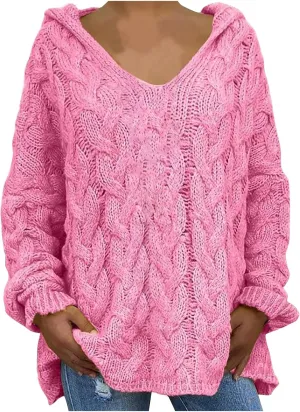 HGps8w Women's Oversized V Neck Hoodie Sweater Tops Chunky Cable Knit Long Sleeve Loose Solid Color Pullovers