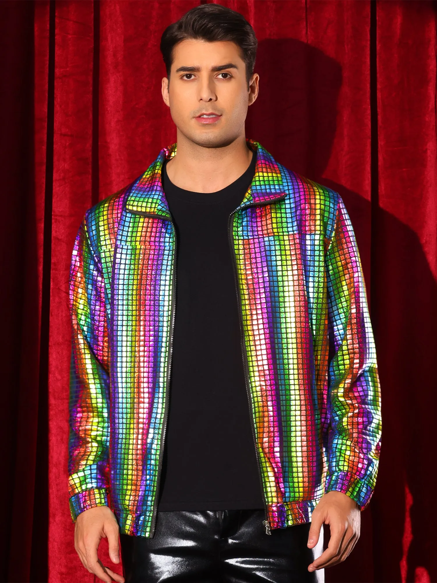 Holographic Jacket for Men's Metallic Long Sleeve Stand Collar Party Disco Shiny Jackets