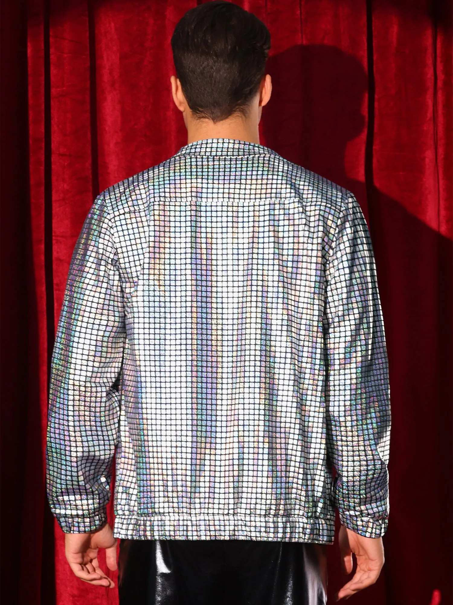 Holographic Jacket for Men's Metallic Long Sleeve Stand Collar Party Disco Shiny Jackets