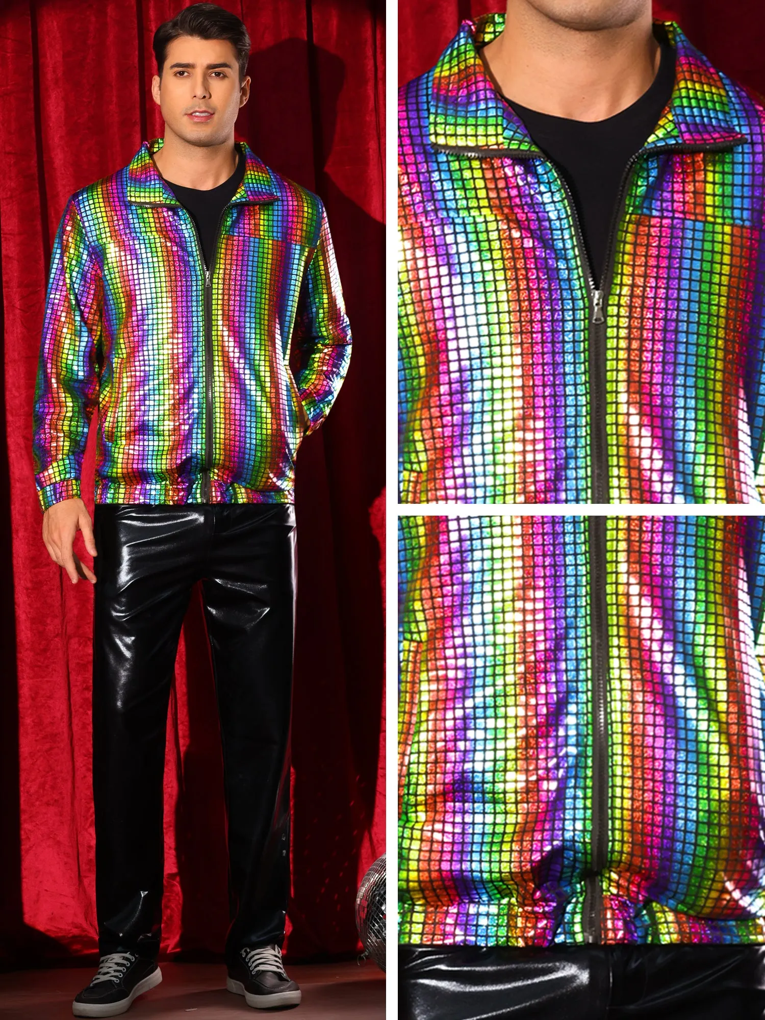 Holographic Jacket for Men's Metallic Long Sleeve Stand Collar Party Disco Shiny Jackets
