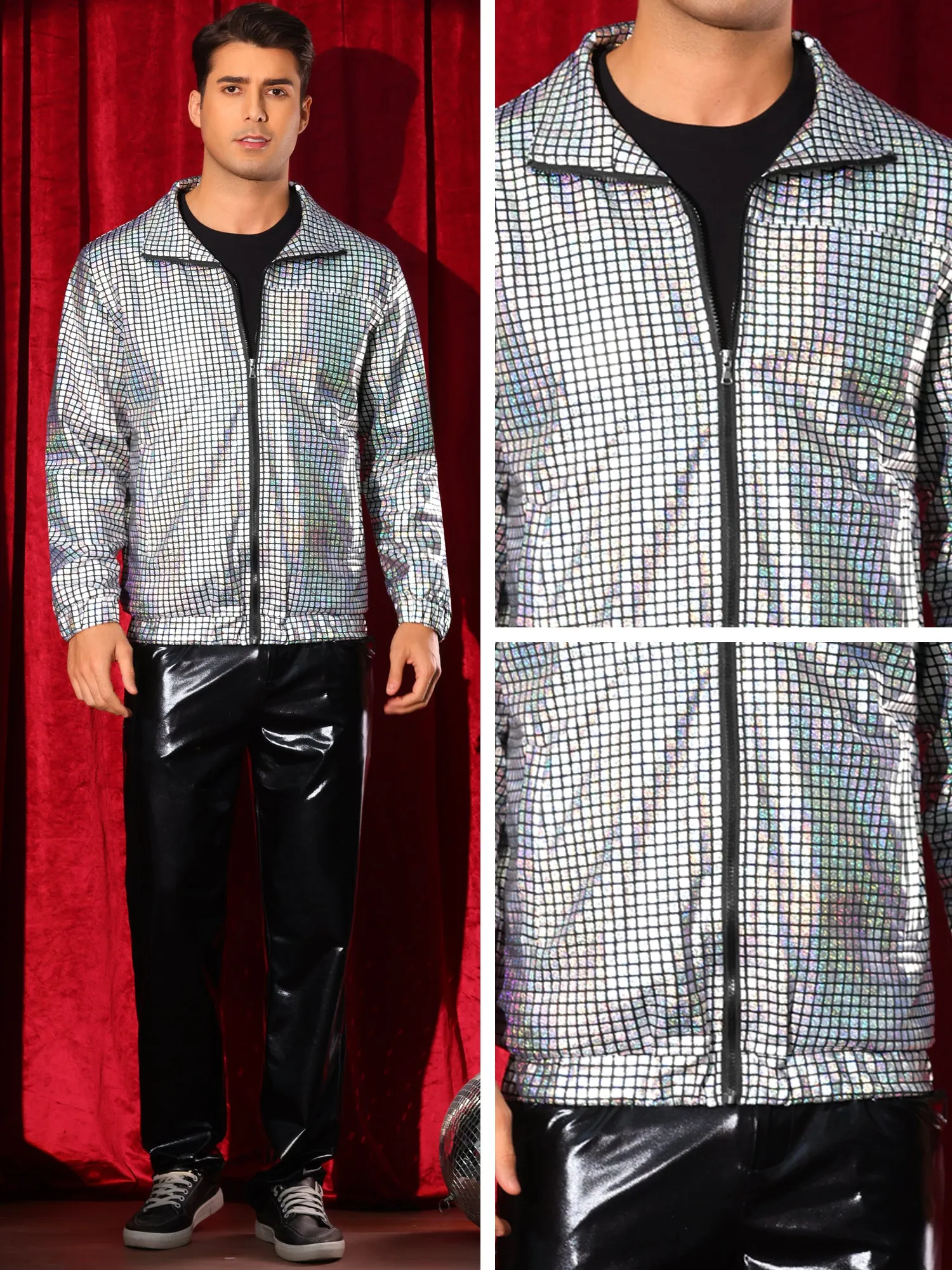 Holographic Jacket for Men's Metallic Long Sleeve Stand Collar Party Disco Shiny Jackets
