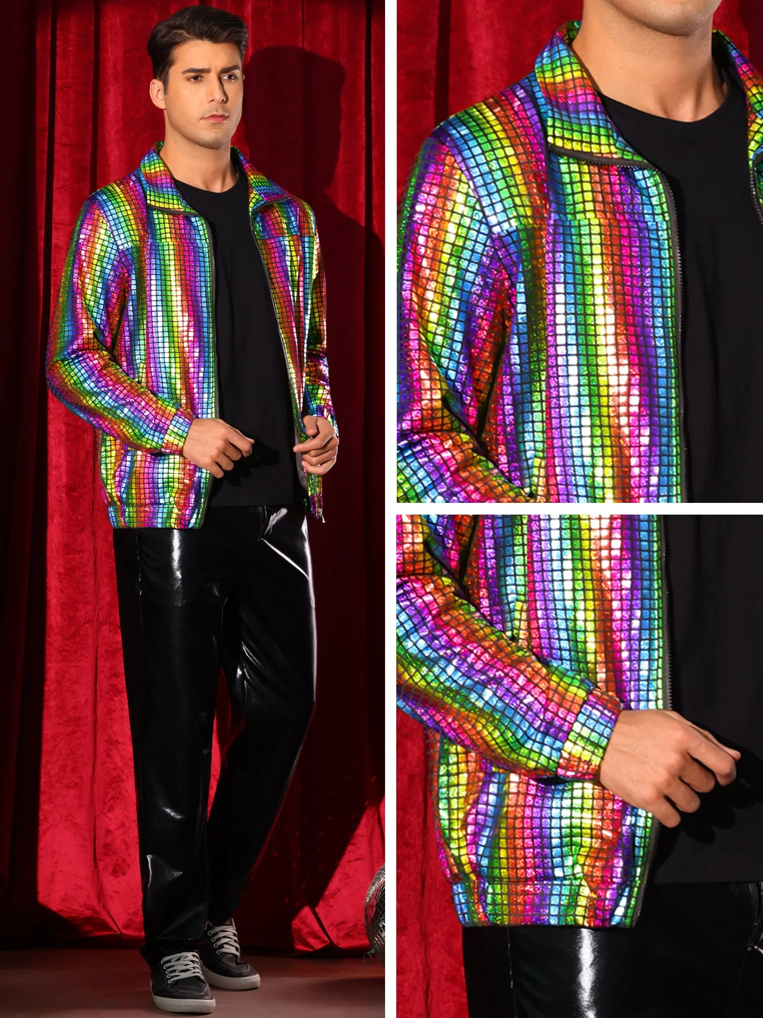 Holographic Jacket for Men's Metallic Long Sleeve Stand Collar Party Disco Shiny Jackets