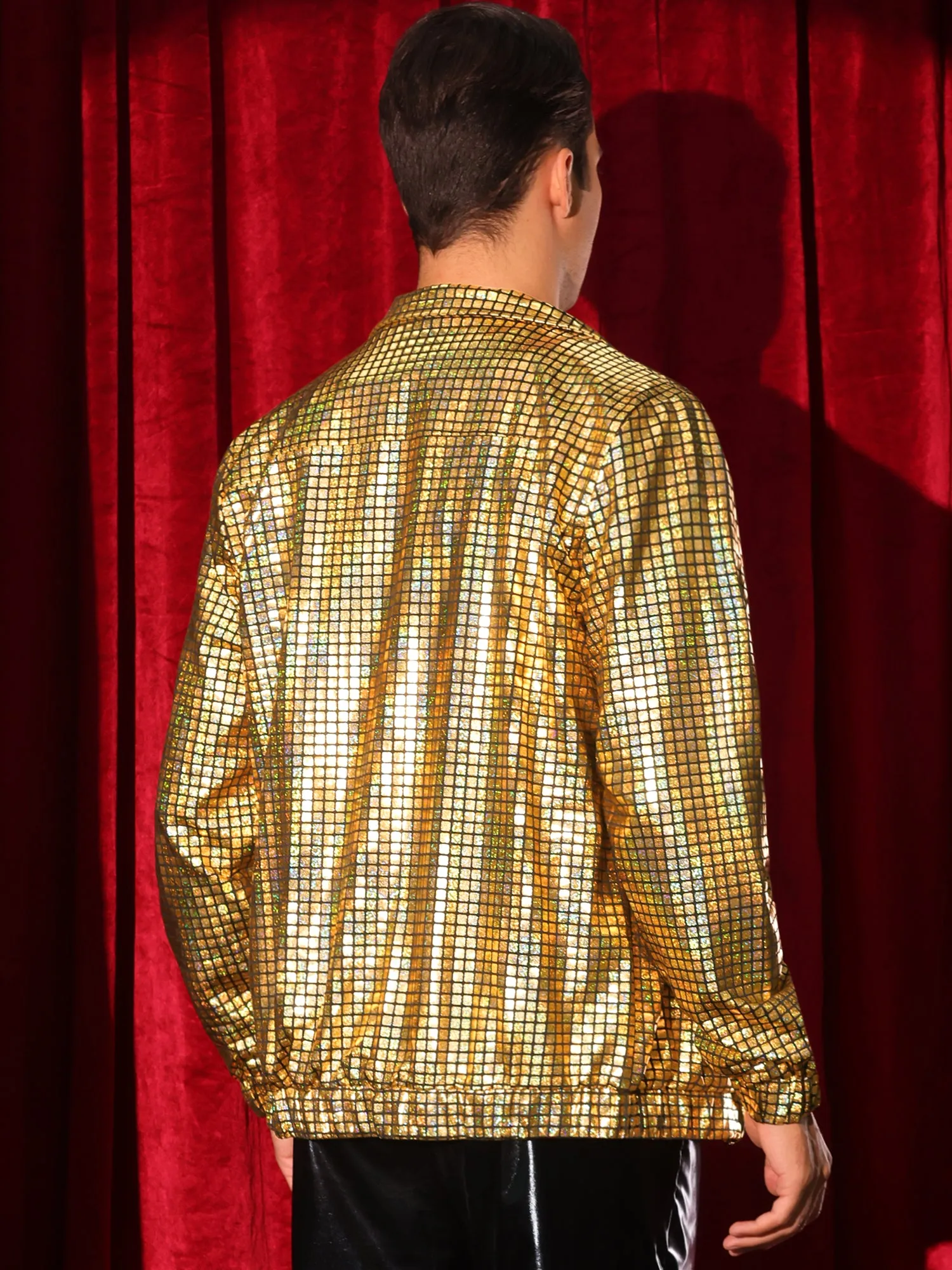 Holographic Jacket for Men's Metallic Long Sleeve Stand Collar Party Disco Shiny Jackets