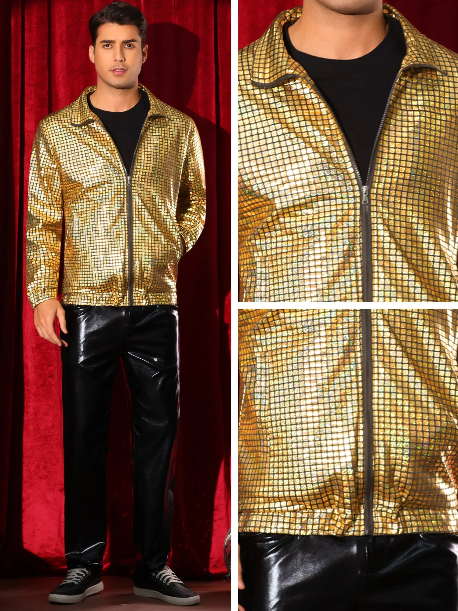 Holographic Jacket for Men's Metallic Long Sleeve Stand Collar Party Disco Shiny Jackets