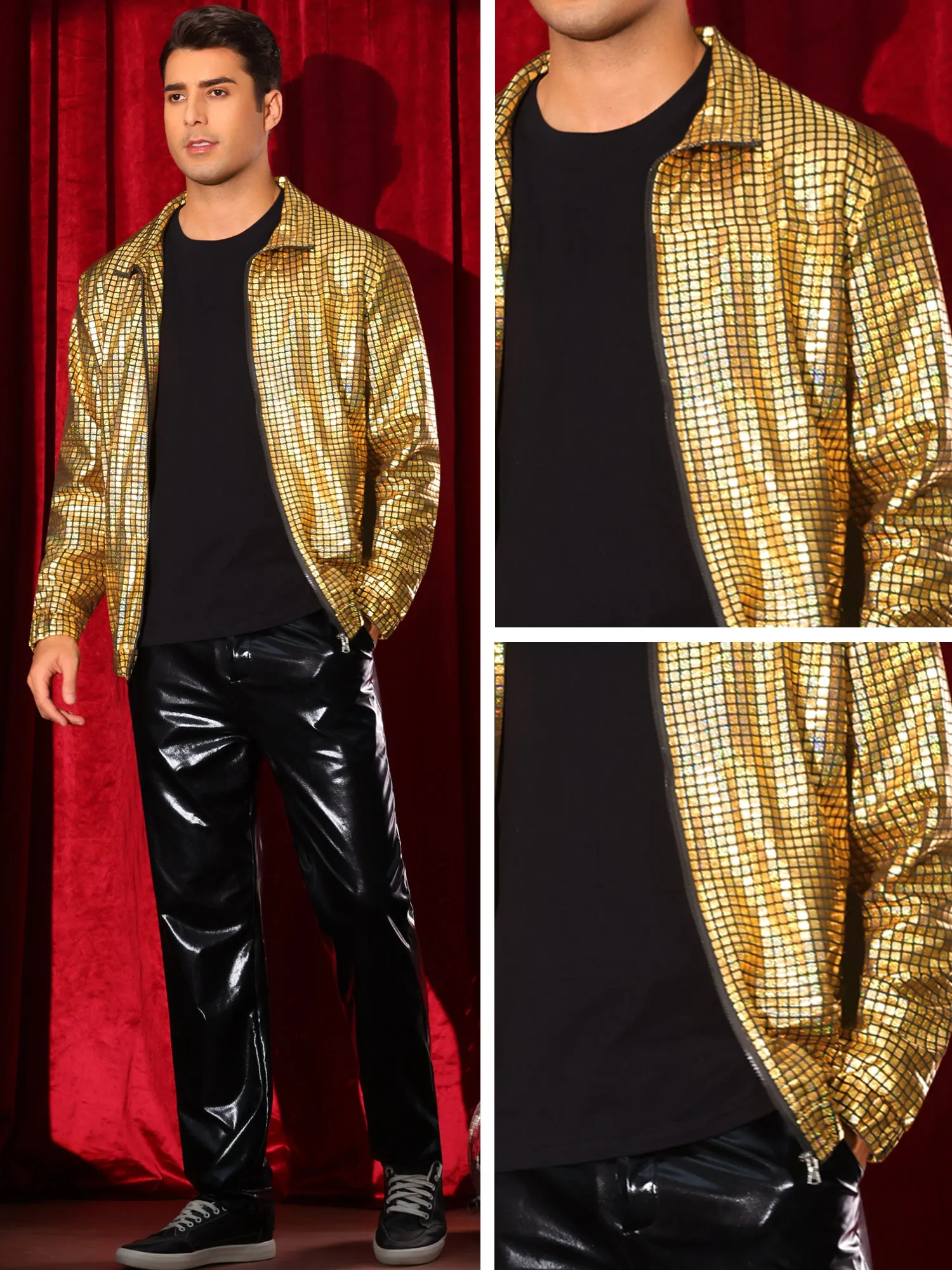 Holographic Jacket for Men's Metallic Long Sleeve Stand Collar Party Disco Shiny Jackets