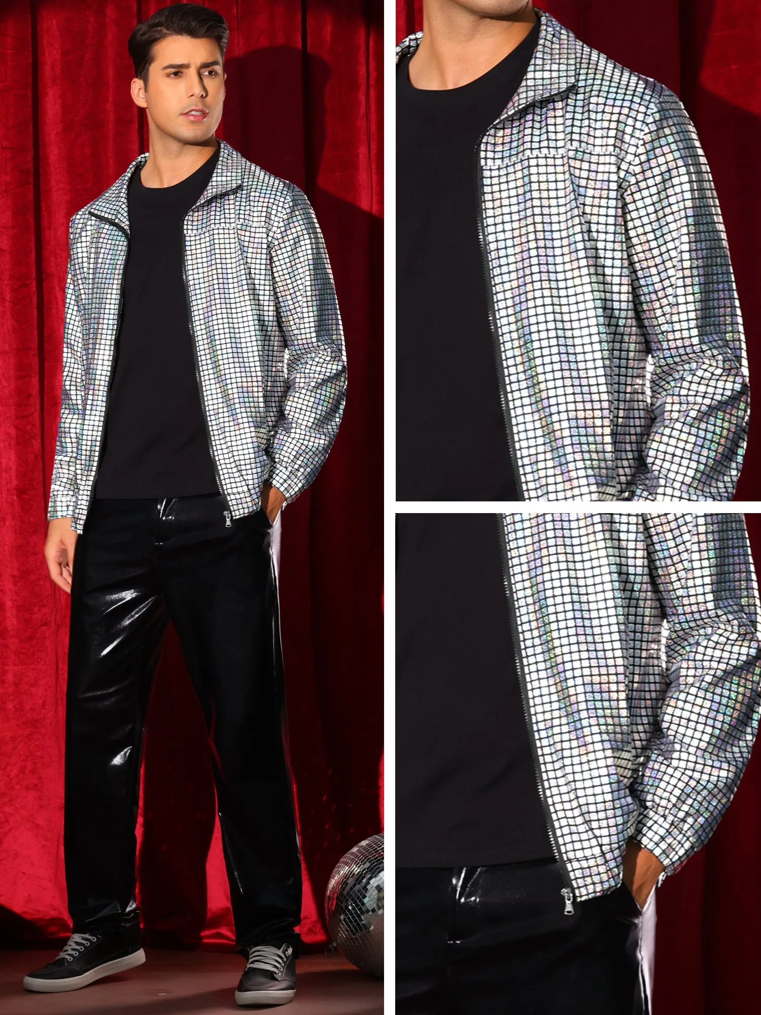 Holographic Jacket for Men's Metallic Long Sleeve Stand Collar Party Disco Shiny Jackets