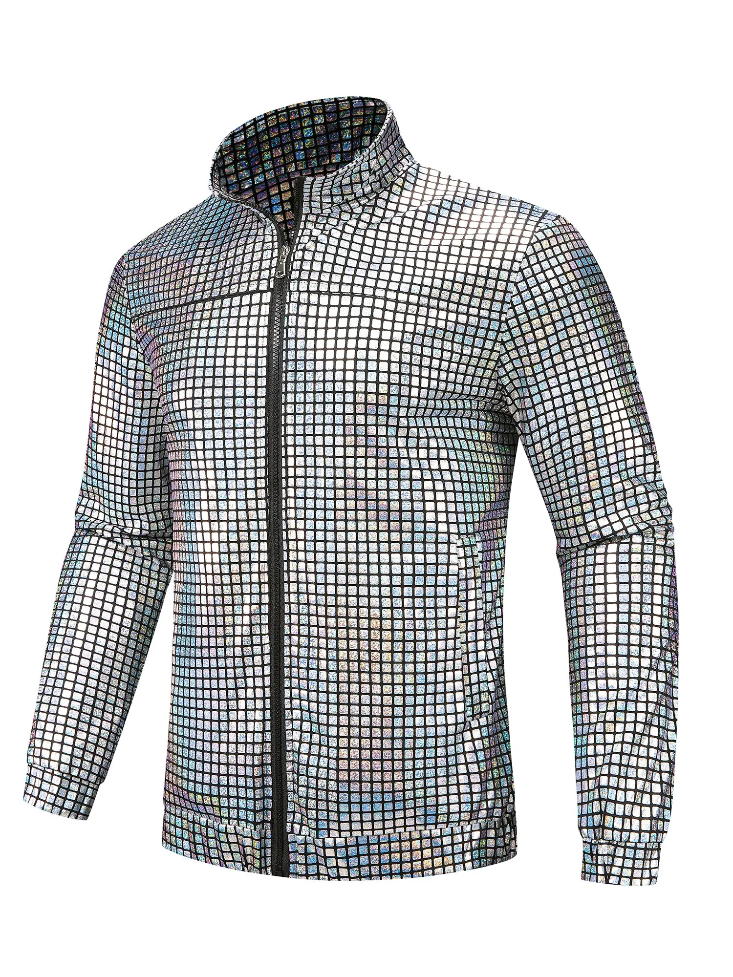 Holographic Jacket for Men's Metallic Long Sleeve Stand Collar Party Disco Shiny Jackets