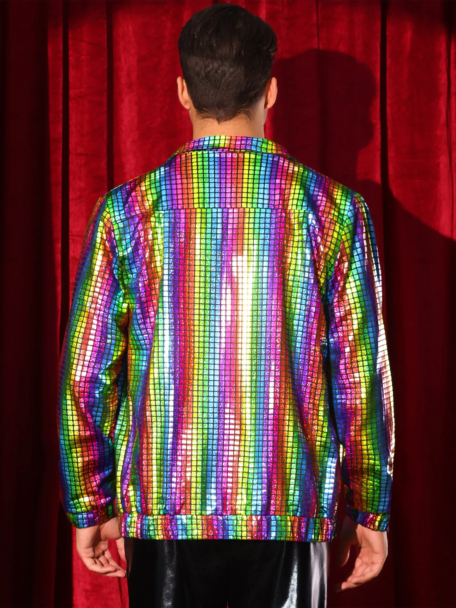 Holographic Jacket for Men's Metallic Long Sleeve Stand Collar Party Disco Shiny Jackets