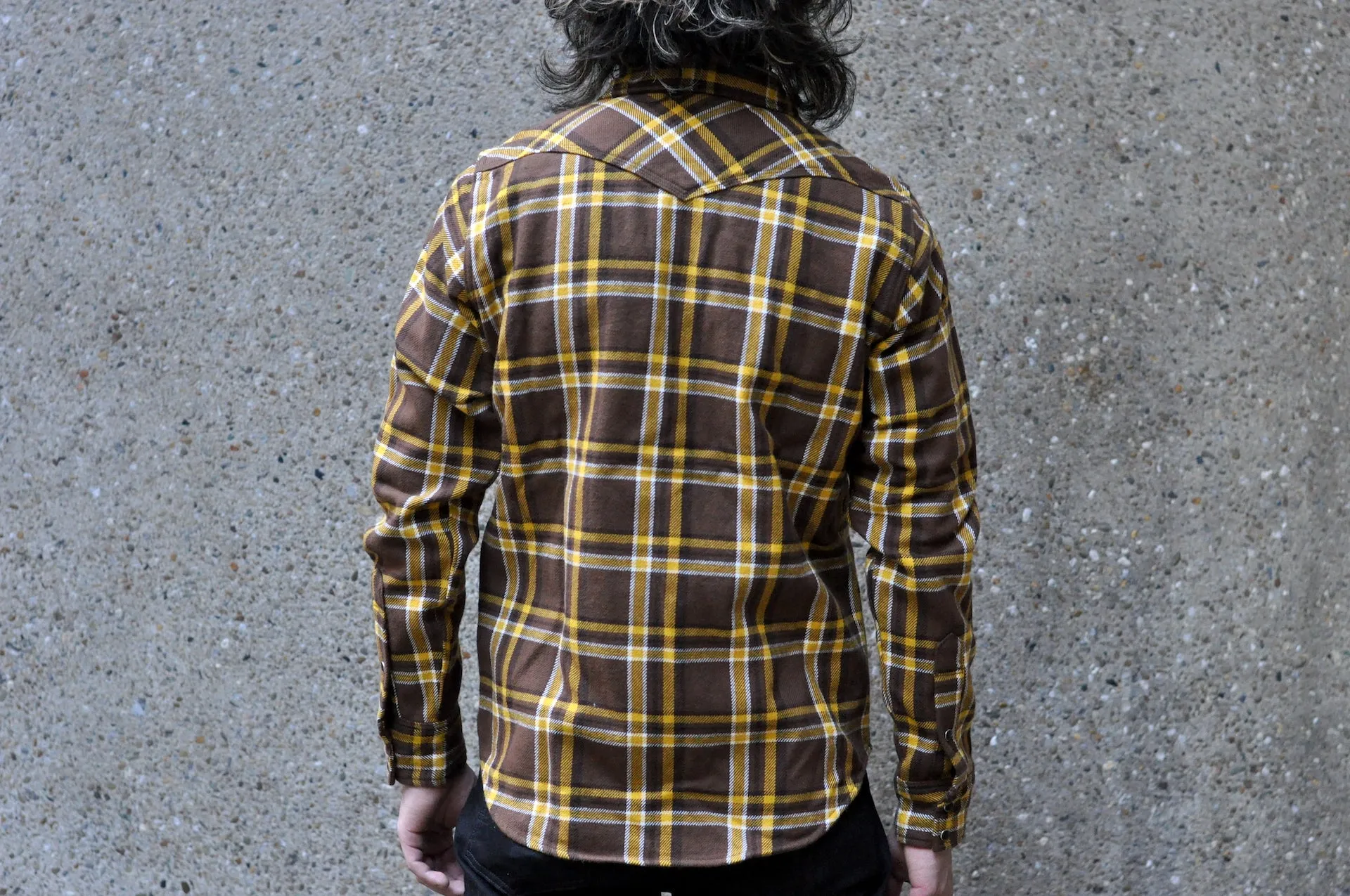 Iron Heart Ultra-Heavy Flannel Crazy Check Western Shirt (Mustard Brown)
