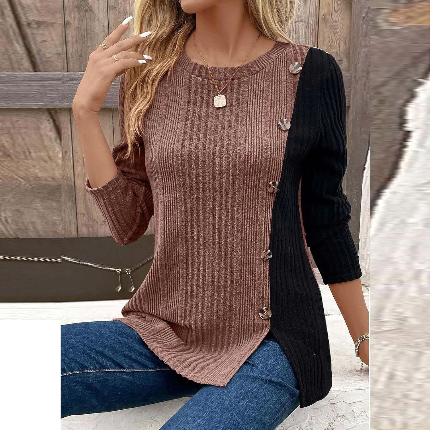jovati Women's Casual Round Neck Tops Fashion Versatile Color Block Knit Sweater Loose Comfy Solid Long Sleeve Pullover