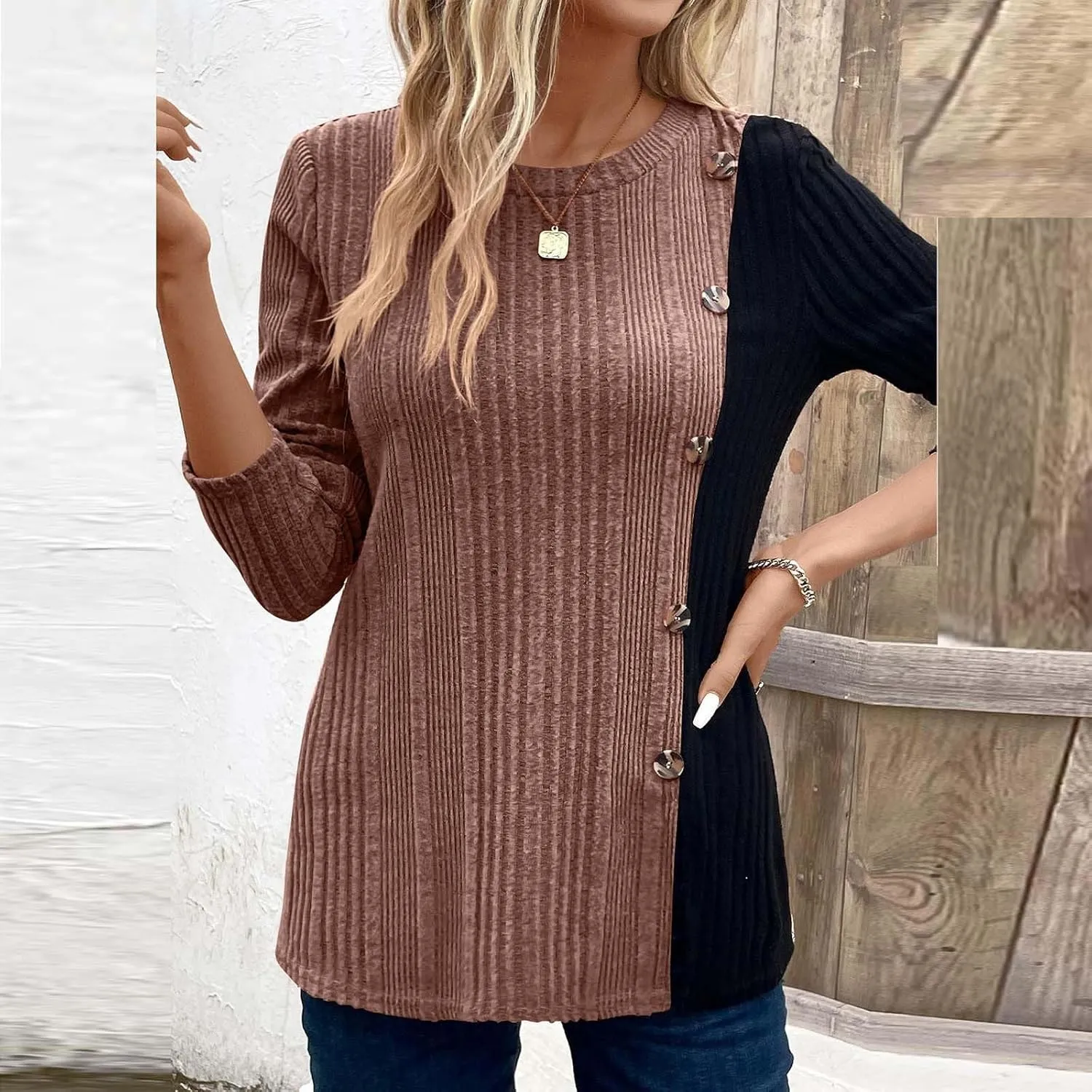 jovati Women's Casual Round Neck Tops Fashion Versatile Color Block Knit Sweater Loose Comfy Solid Long Sleeve Pullover