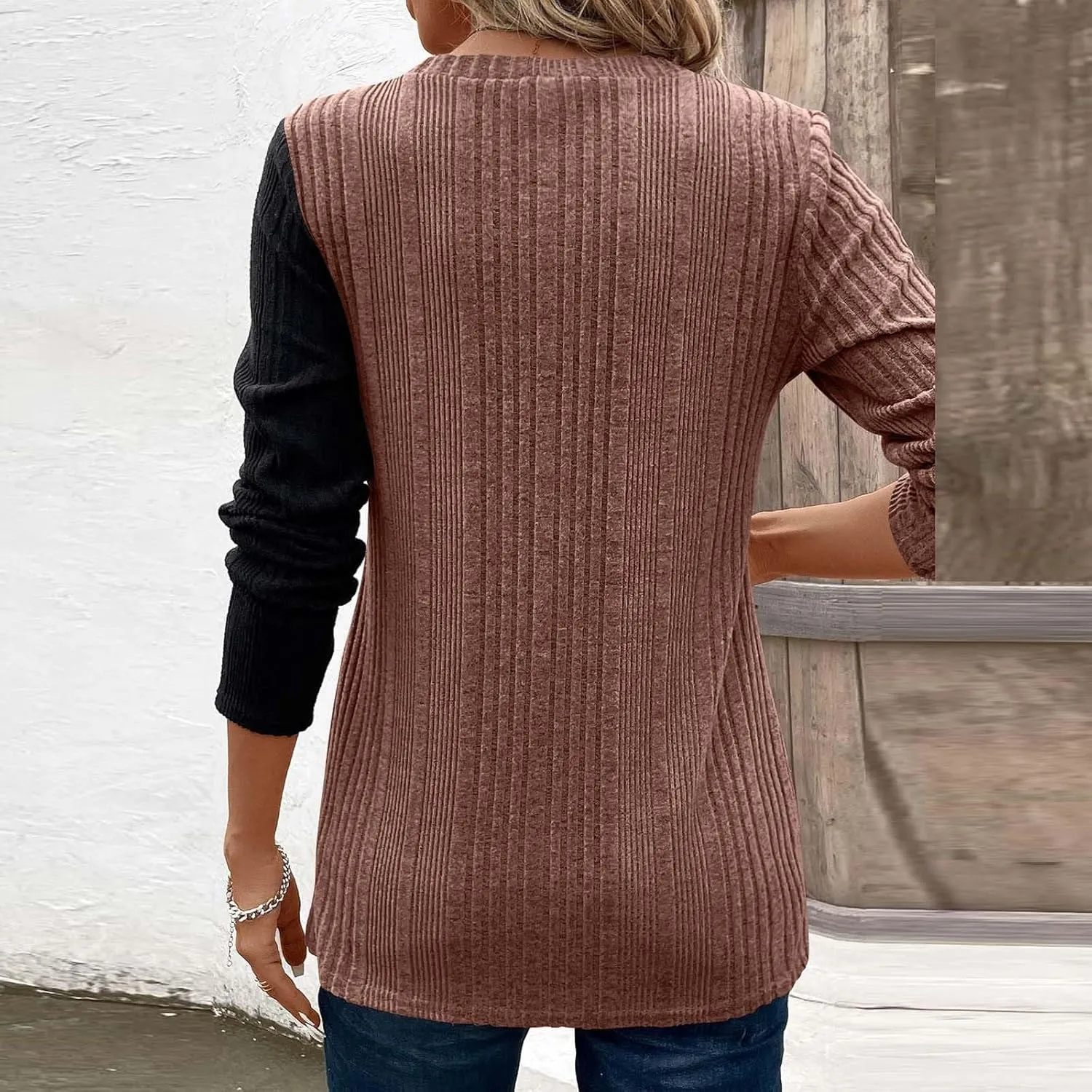 jovati Women's Casual Round Neck Tops Fashion Versatile Color Block Knit Sweater Loose Comfy Solid Long Sleeve Pullover