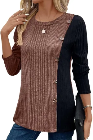 jovati Women's Casual Round Neck Tops Fashion Versatile Color Block Knit Sweater Loose Comfy Solid Long Sleeve Pullover