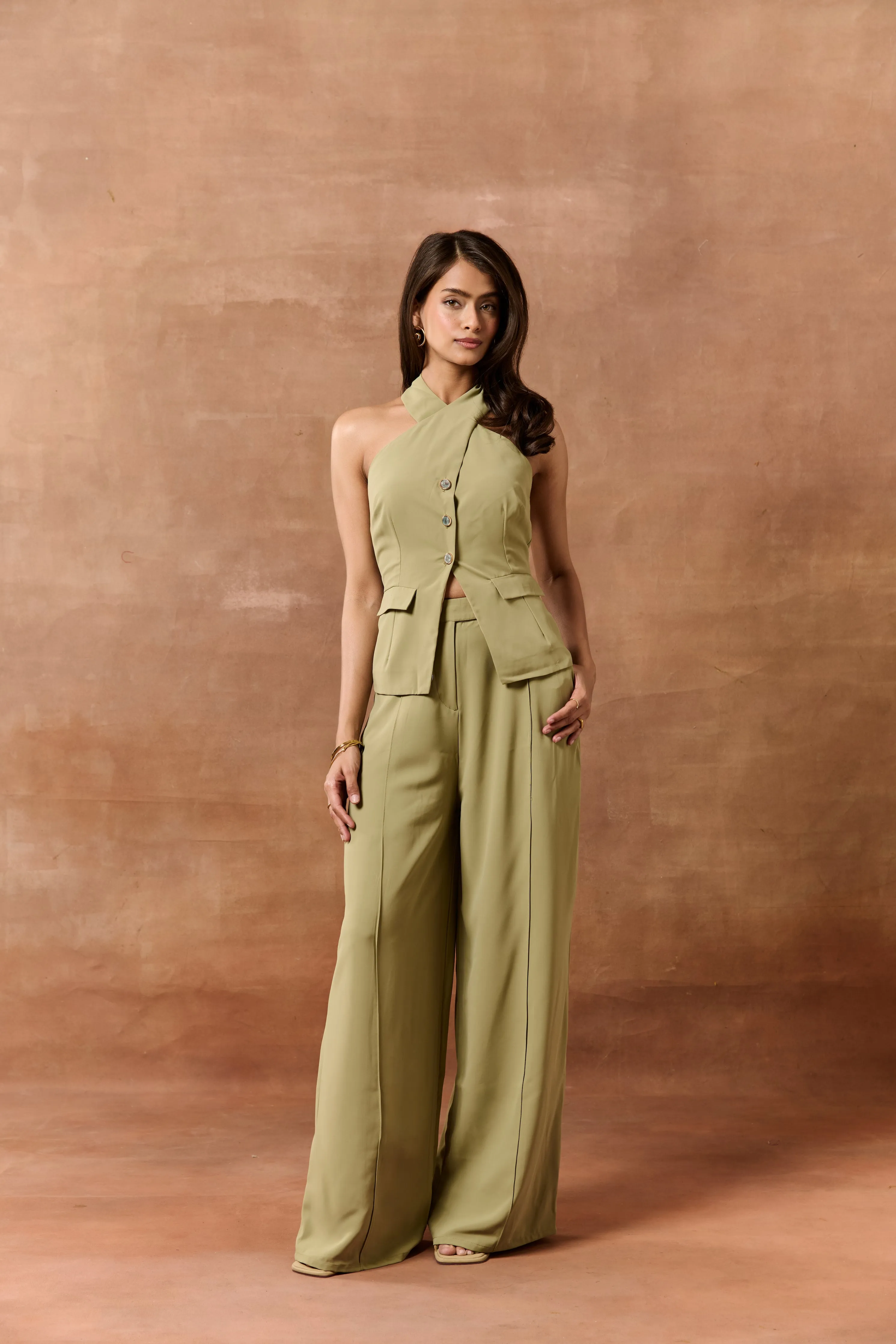 Kathe Sage Green Halter Neck Waistcoat