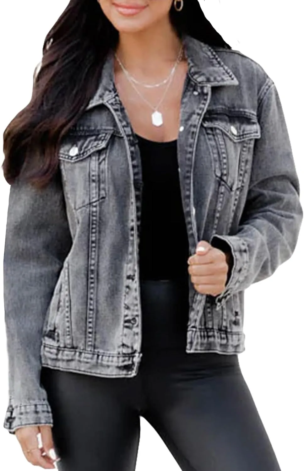 Kedera Womens Basic Button Down Vintage Black Long Sleeves Denim Jean Jacket Jacket for Women