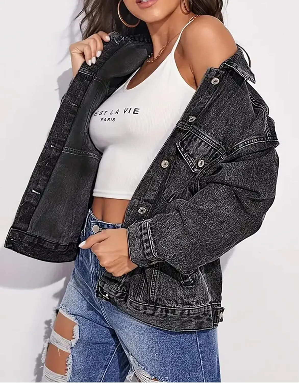 Kedera Womens Basic Button Down Vintage Black Long Sleeves Denim Jean Jacket Jacket for Women