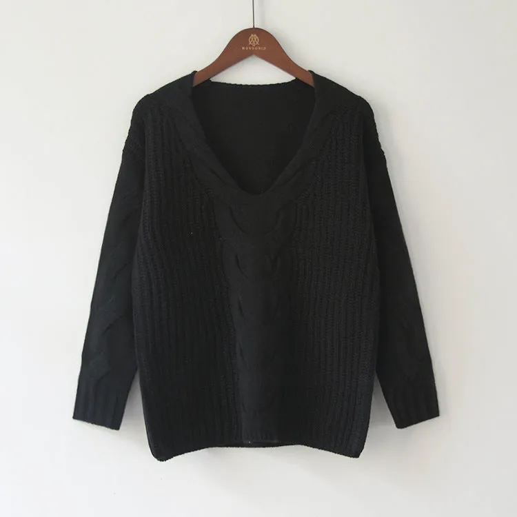 Large V-neck Pure Color Long Sleeves Regular Sweater