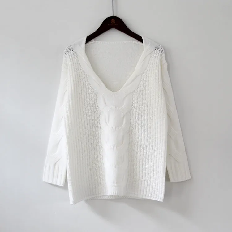 Large V-neck Pure Color Long Sleeves Regular Sweater