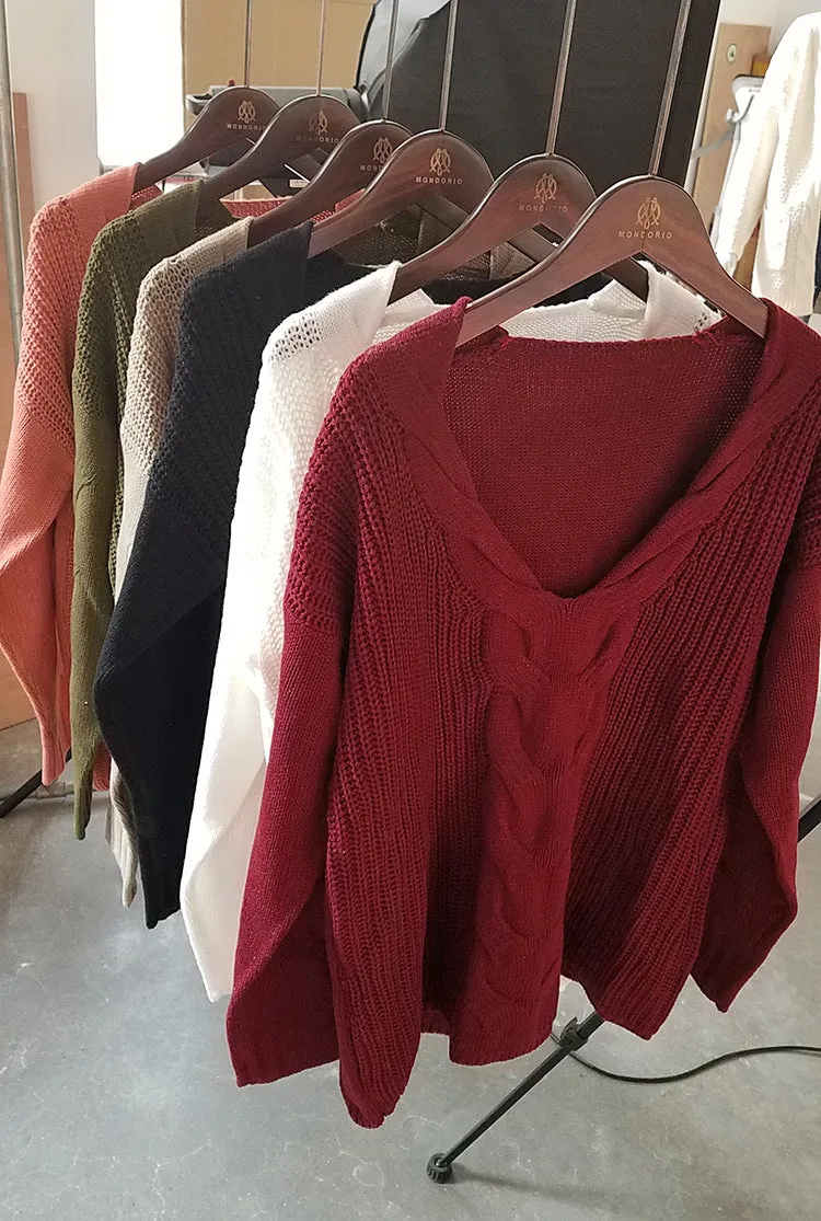 Large V-neck Pure Color Long Sleeves Regular Sweater