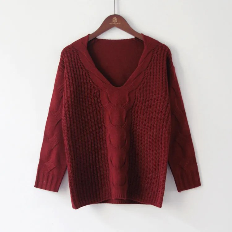 Large V-neck Pure Color Long Sleeves Regular Sweater