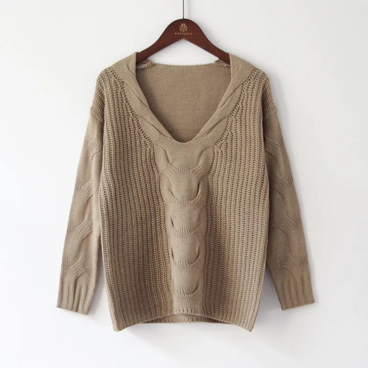 Large V-neck Pure Color Long Sleeves Regular Sweater