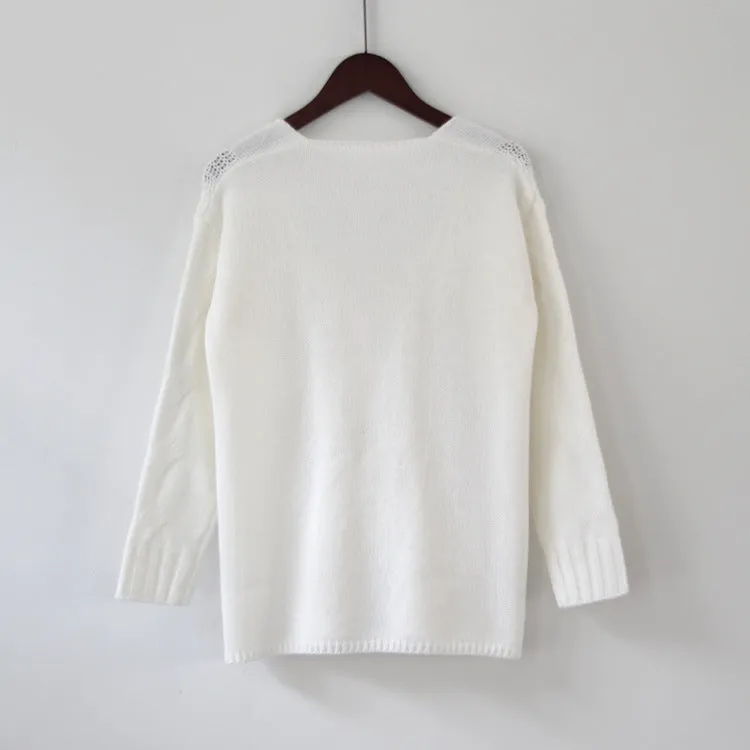 Large V-neck Pure Color Long Sleeves Regular Sweater