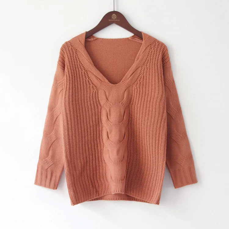 Large V-neck Pure Color Long Sleeves Regular Sweater