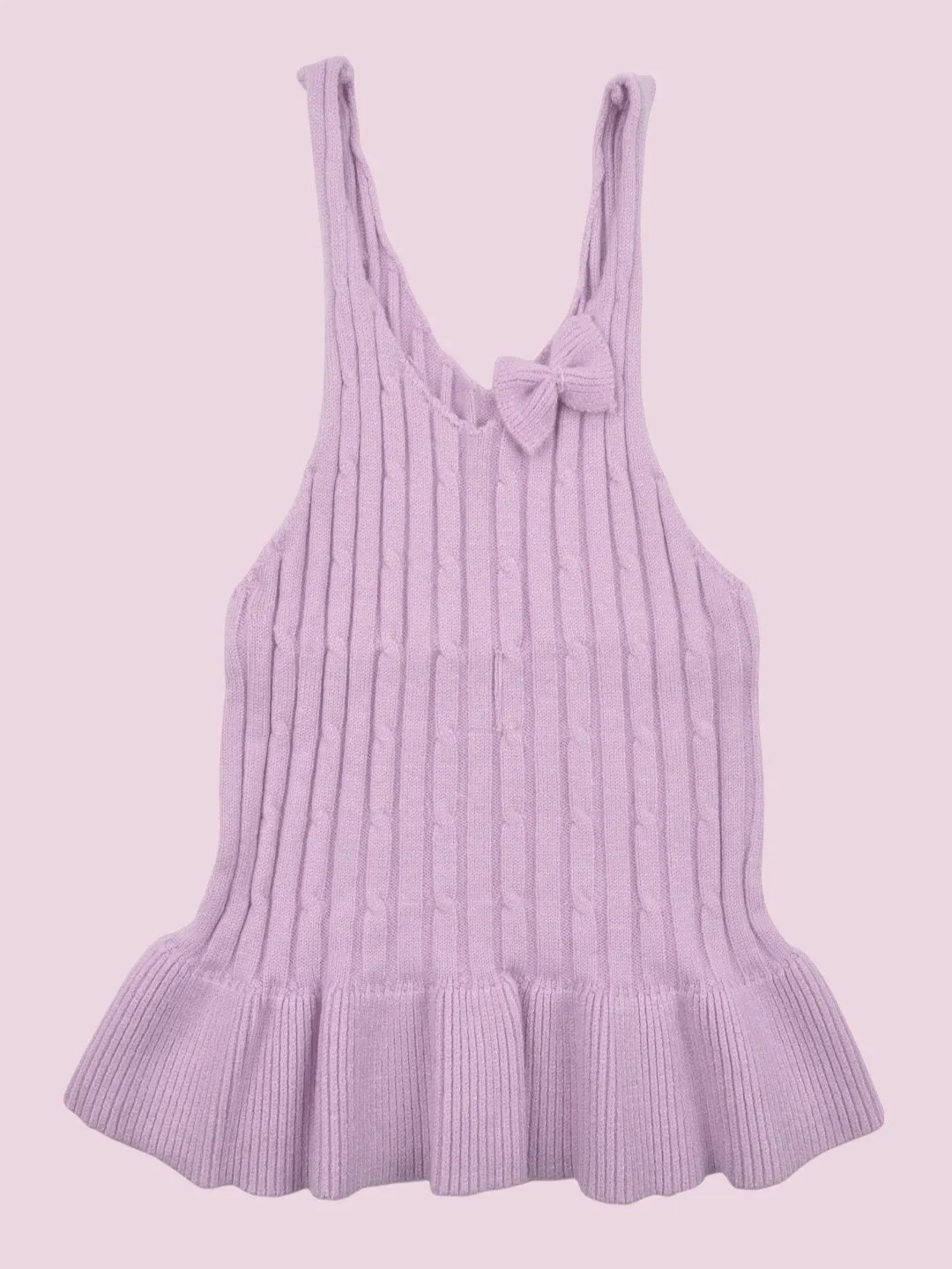 Lavender Knitted Sleeveless Ruffled Top with Bow Detail for Girls