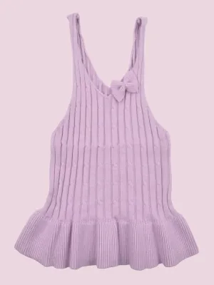 Lavender Knitted Sleeveless Ruffled Top with Bow Detail for Girls