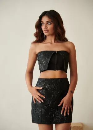 Leanor Black Embroidered Jacquard Zip Top and Mini Skirt Set