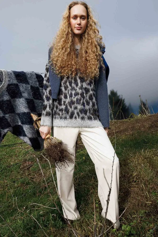 Leopard Print Brown Sweater  Crew Neck, Drop Shoulder, Fuzzy Texture, Relaxed Fit Knit