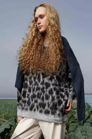 Leopard Print Brown Sweater  Crew Neck, Drop Shoulder, Fuzzy Texture, Relaxed Fit Knit