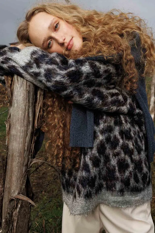 Leopard Print Brown Sweater  Crew Neck, Drop Shoulder, Fuzzy Texture, Relaxed Fit Knit