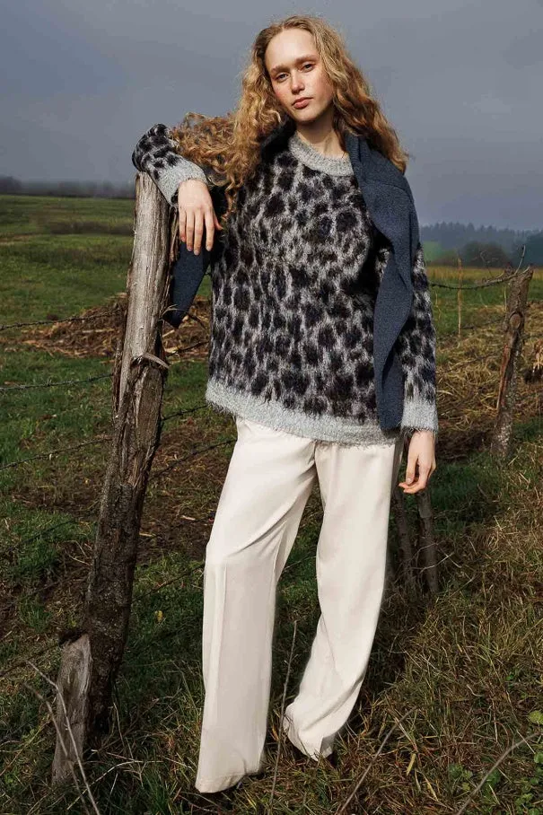 Leopard Print Brown Sweater  Crew Neck, Drop Shoulder, Fuzzy Texture, Relaxed Fit Knit
