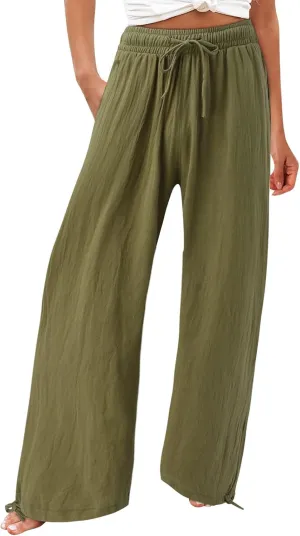 Linen Pants Women Summer Boho Drawstring High Waisted Palazzo Pants Baggy Flowy Wide Leg Lounge Pants with Pockets