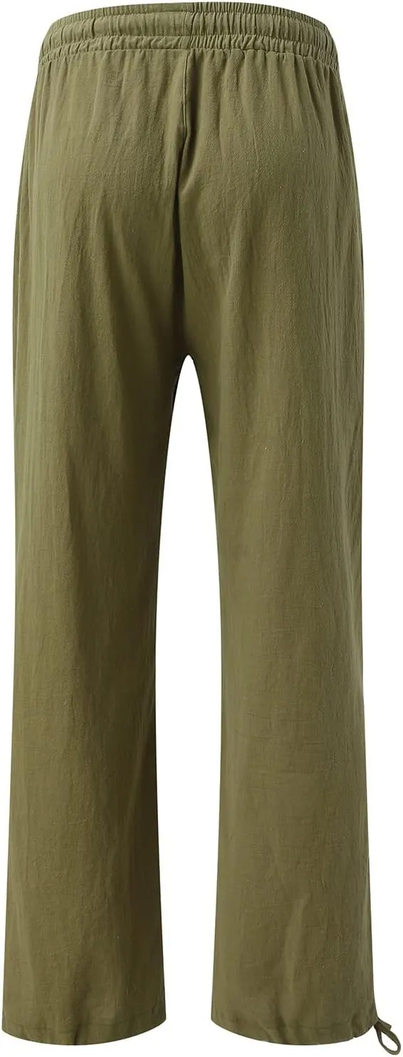 Linen Pants Women Summer Boho Drawstring High Waisted Palazzo Pants Baggy Flowy Wide Leg Lounge Pants with Pockets