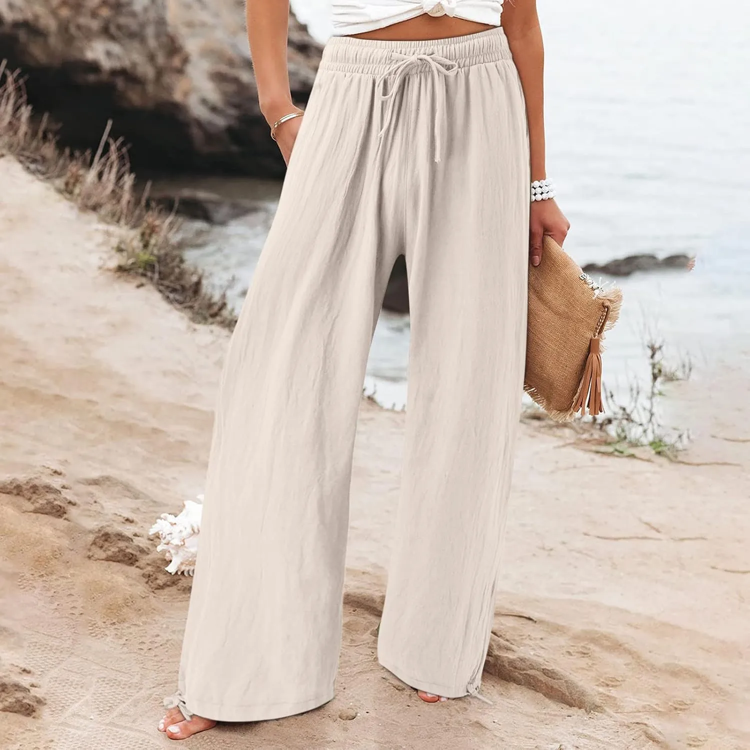 Linen Pants Women Summer Boho Drawstring High Waisted Palazzo Pants Baggy Flowy Wide Leg Lounge Pants with Pockets