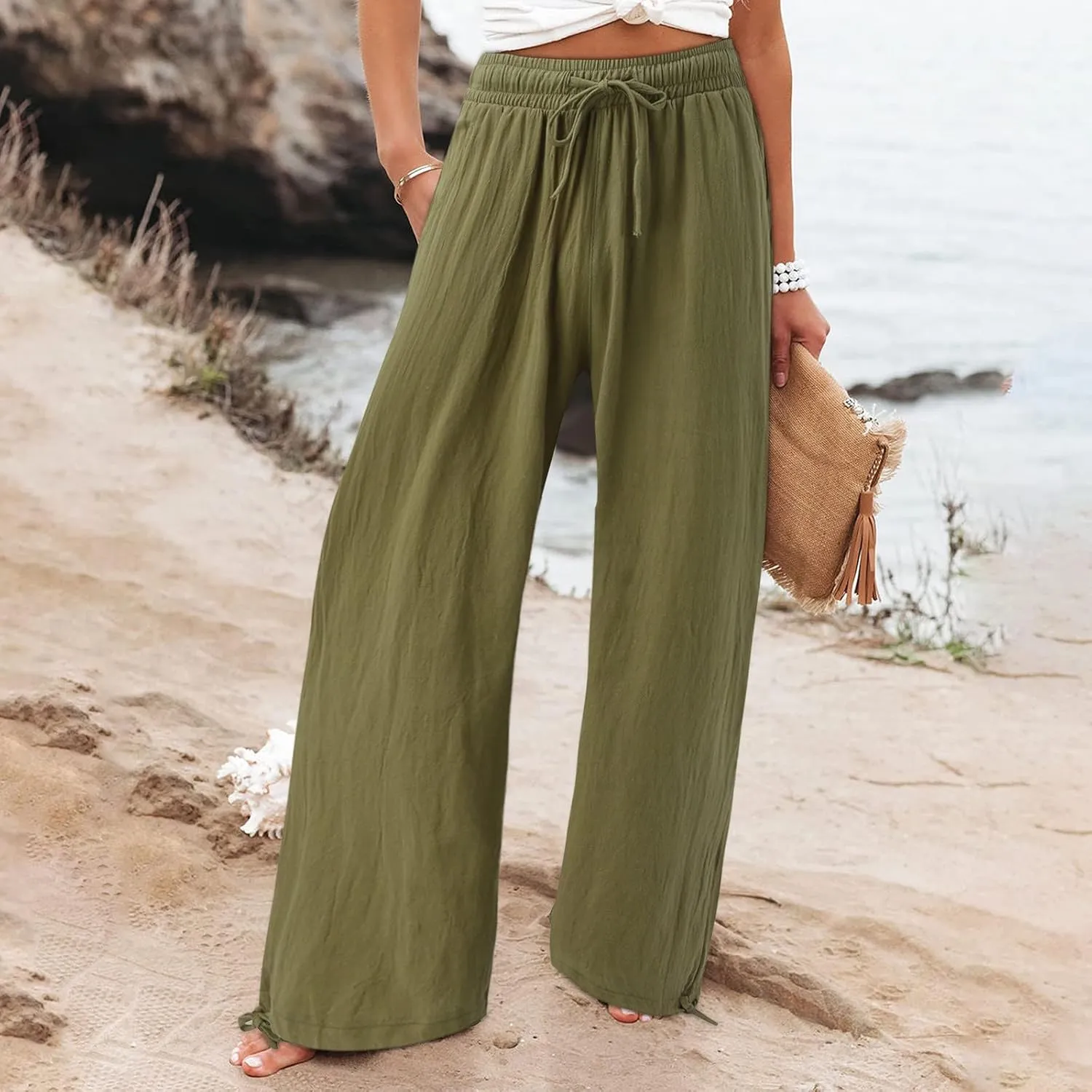 Linen Pants Women Summer Boho Drawstring High Waisted Palazzo Pants Baggy Flowy Wide Leg Lounge Pants with Pockets