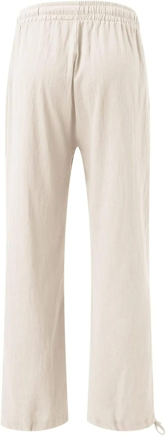Linen Pants Women Summer Boho Drawstring High Waisted Palazzo Pants Baggy Flowy Wide Leg Lounge Pants with Pockets