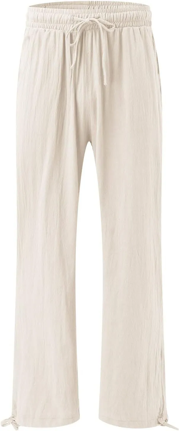Linen Pants Women Summer Boho Drawstring High Waisted Palazzo Pants Baggy Flowy Wide Leg Lounge Pants with Pockets