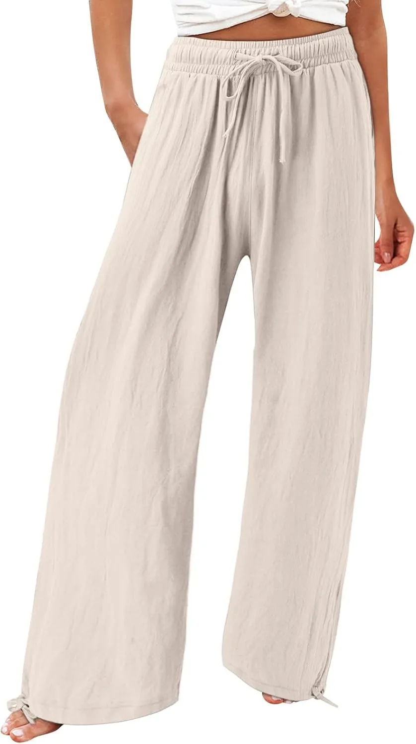 Linen Pants Women Summer Boho Drawstring High Waisted Palazzo Pants Baggy Flowy Wide Leg Lounge Pants with Pockets