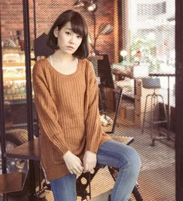 Long Pullover Loose Solid Color Knit Sweater